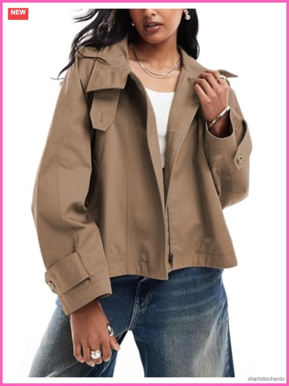 Women's Cropped Trench Coat Zip Up Short Outwear Back Cape Casual Jacket